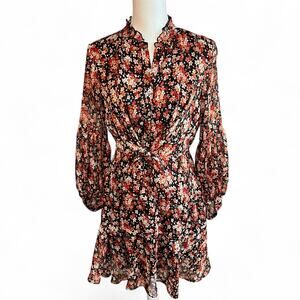 Aakaa floral long sleeve mini dress orange ruffle skirt boho feminine medium